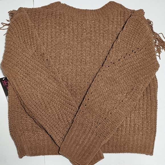 No Boundries Girls Brown Fringe Crew Neck Sweater Size S NWT - Picture 5 of 8